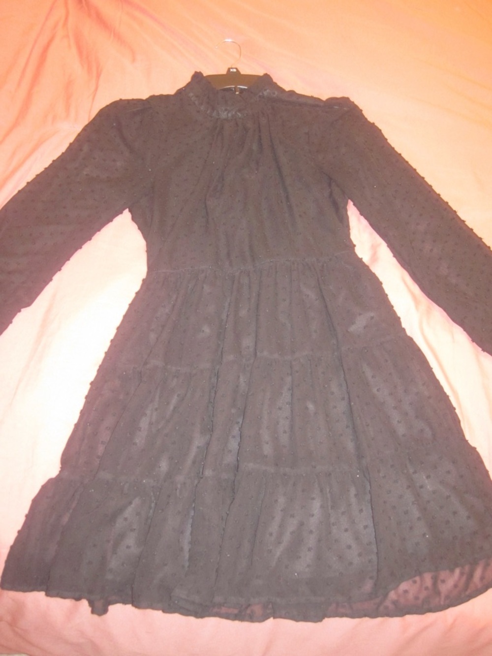 Black Long-Sleeve Swiss Dot Tiered Dress